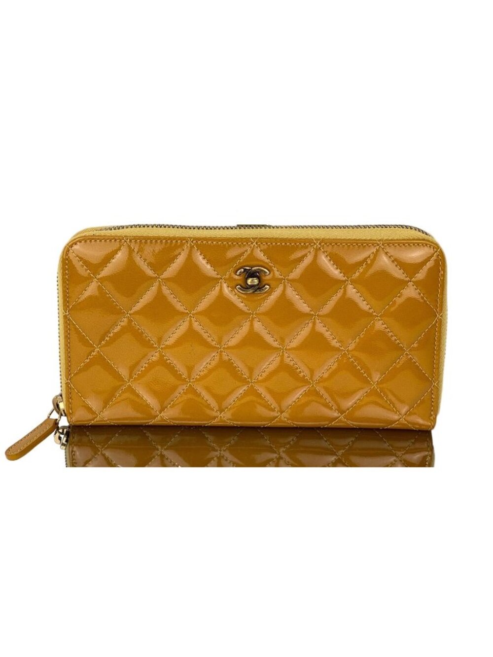 Chanel Quilted Yellow Patent Leather Brilliant Zip Around Wallet Clutch